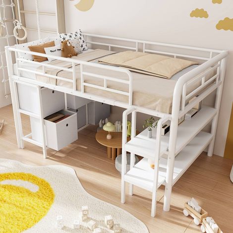 Lit mezzanine 90x200 métal blanc avec escalier large, rangements, coins arrondis (1/5)