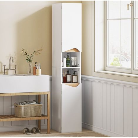 Mobile bagno colonna moderno bicolore bianco effetto legno, 2 ante, 2 vani a giorno, 30 x 34,6 x 180,5 cm (1/4)