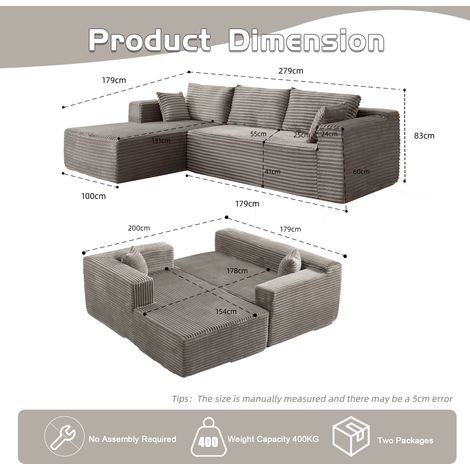 Canapé d'angle convertible en L avec méridienne moelleuse, assise spacieuse, canapé-lit épuré pour séjour, studio, velours ribbé gris, sans pieds, design modulable (1/5)