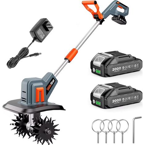 Motobineuse sans fil pour travail du sol, outil de jardinage électrique 360 tours/min, alimenté par deux batteries 2,0Ah, équipé de lame acier 48 dents pour agriculture et potager