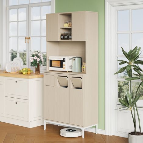 Armoire poubelle de cuisine 3 portes, bois clair et blanc, 181 cm de haut, compartiment à déchets, espace micro-ondes, rangement aspirateur, 80x35x181 cm