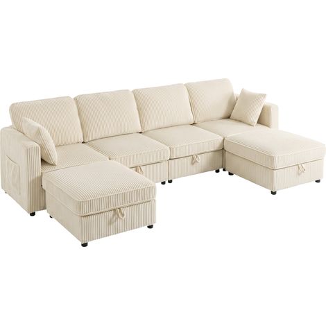 Divano Modulare a U 4 Posti con 2 Pouf Contenitori in Velluto a Coste, 4 Cuscini, Bianco Crema (1/5)