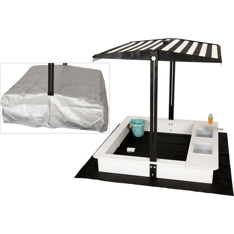WONDERMAKE® Bac à sable en bois avec couvercle plastique OXFORD 420D pour enfants, avec bancs, siège, sol, carré, rectangulaire extérieur, pour jardin et jeux, blanc gris