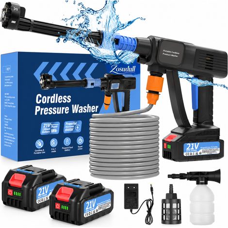 Zosudull – Nettoyeur haute pression sans fil 80 bar - débit max 5.5L/min - Buse Multi-Fonctions 6 en 1 - avec deux 4000mAh batteries et 5 Meter Hose