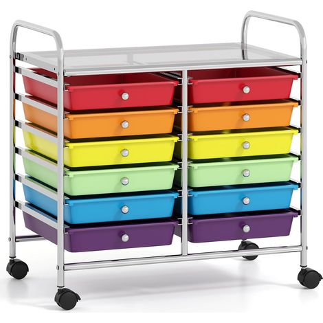 Chariot de Rangement à roulettes 12 Tiroirs en PP, Tour de Rangement avec Tablette, Roues Universelles, Cadre en Métal (Multicolore) (1/5)
