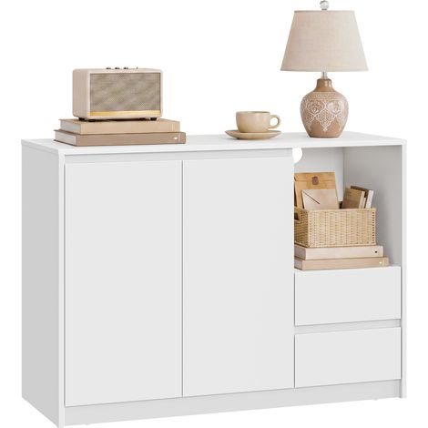 Vasagle – Buffet moderne blanc nuage 40 x 103,3 x 74,5 cm – Armoire de rangement avec 2 tiroirs et étagères réglables – Pour salon, salle à manger, bureau (1/5)