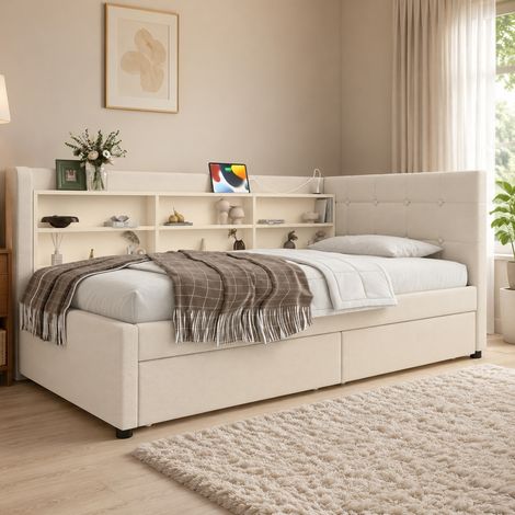 Sofá cama 90x200 cm con 2 cajones, puertos USB y tipo C, varios huecos de almacenamiento, tapizado en tela beige y estructura de MDF, ideal para dormitorio, de CHICFURN (1/5)