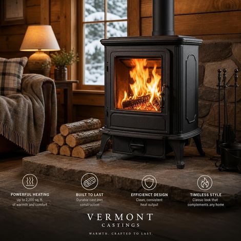 Estufa de leña Muspel Vermont 10 kW de fundición Doble combustión, cristal SCHOTT ROBAX y calefacción hasta 90 m² (1/5)
