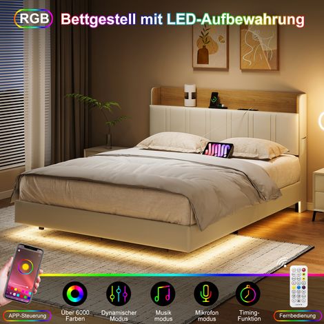 JOOKGBD- Doppelbett 140x190 cm, Polsterbett mit schwebendem Design, LED-Beleuchtung, verstecktem Stauraum und USB-Anschluss, für Erwachsene und Jugendliche, PU-Leder, Beige