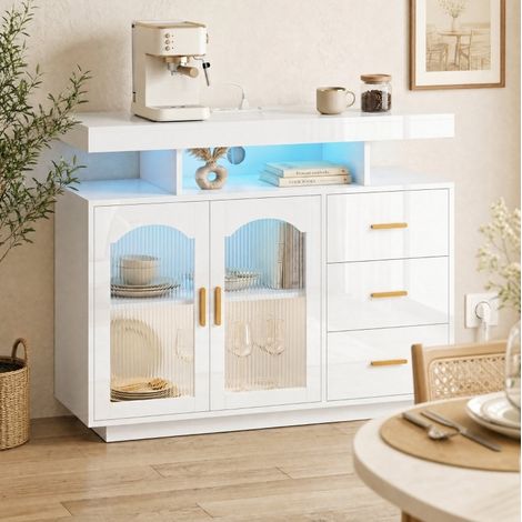MEUBLIV Buffet 100x35x80 cm blanc – LED, prises intégrées, 3 tiroirs et rangements (1/5)