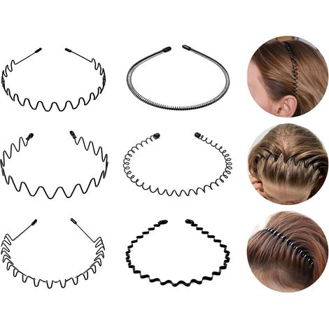 6 Pièces Serre Tete Homme, Multi-Style Bandeaux en Métal, Bandeaux Ondulés Élastique, Bandeau Cheveux Homme Metal, Noir Antidérapant Sport Unisexe Serre Tete Accessoires pour Femmes et Hommes