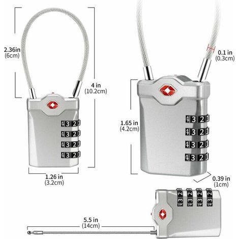 4-stelliges Zahlenschloss für Gepäck, Reisekoffer und Spinde in der Uni mit Alarmfunktion bei geöffnetem Gepäck und Stahlkabel (Silber) – 1 Stück