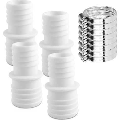 Lot de 4 Raccord de Tuyau Piscine, 32 mm à 38 mm de diamètre Adaptateur de Tuyau de Piscine avec 8 Colliers de Serrage Adaptateur de Tuyau Double Adaptateurs Tuyau pour Piscine (Blanc) (1/5)