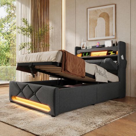 Einzelbett 90x200 cm Grau aus Leinen mit LED, USB-C, Stauraum und Matratze (1/5)