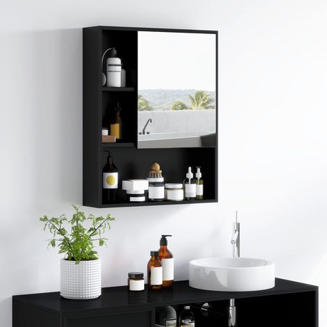 Miroir de salle de bain avec étagères ajustables, armoire murale porte gain de place, rangement mural noir 60x15x76 cm (1/5)