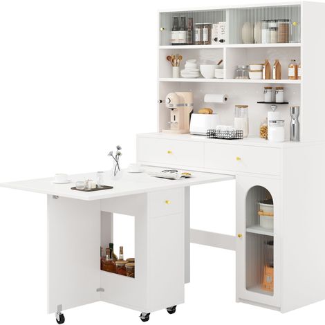 Ensemble meuble de cuisine avec table à manger pliante et table de bar, table à manger mobile sur roulettes, armoire haute avec rangement, ensemble de meubles pour cuisine, salle à manger et salon, Bl (1/5)
