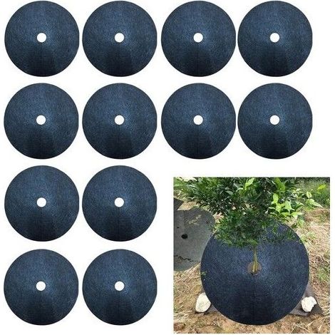 Paillis anti-mauvaises herbes - Lot de 12 tapis - Forme ronde prédécoupée - Tissu non tissé - Noir (1/5)