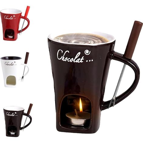 Taza de fondue de chocolate de cerámica con tenedor, tazas de fondue de chocolate, juego de termo de mantequilla de cerámica, taza individual de fondue de queso, taza de fondue de chocolate (café) (1/5)