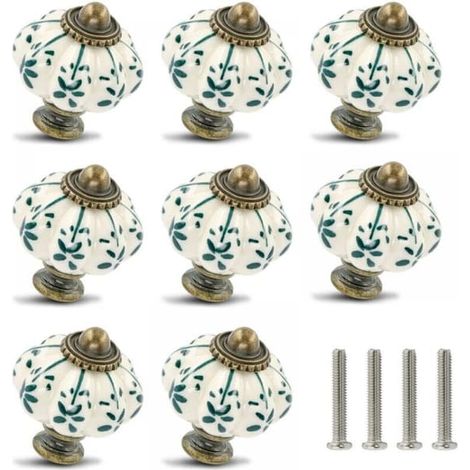 Ensemble de 8 boutons en céramique ivoire et verte - Boutons citrouille pour meubles - Poignées de tiroir vintage avec vis pour meubles et tiroirs (1/4)