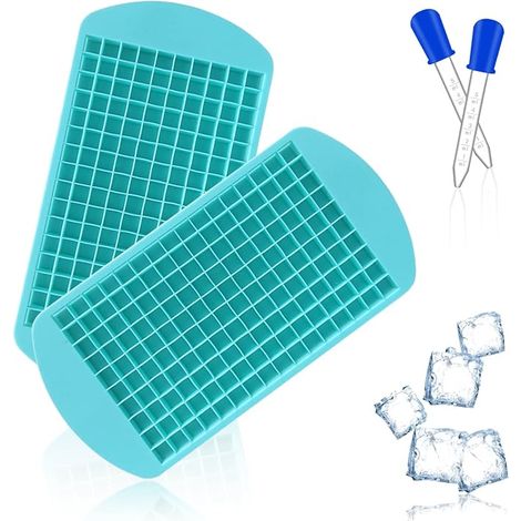 Lot de 2 moules à glaçons carrés en silicone - Facile à démouler - Mini bac à glaçons avec 2 compte-gouttes en silicone bleu foncé pour boissons glacées, cocktails, jus (1/5)