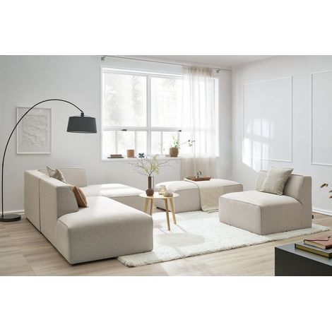 BOBOCHIC - Canapé d'angle fixe modulable MEGEVE tissu chiné avec 1 chauffeuse et 1 pouf Angle droit Beige (1/5)