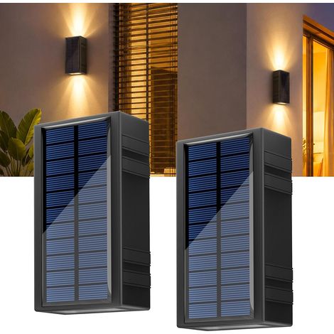 Lampe Solaire Extérieur, 2 Pack LED Lumière Solaire Applique Murale 2 Modes (2700K/6500K), IP65 Étanche, Auto On/Off, 1800mAh Haut et Bas Éclairage Puissant pour Maison Garage Porche Terrasse (1/5)
