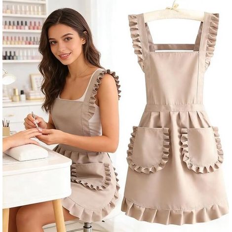 Grembiule retrò a 2 pezzi con volant, regolabile, ideale per la cucina, grembiule decorativo da donna in tessuto di poliestere per lavori domestici e attività femminili, perfetto per caffè e altre occ (1/5)