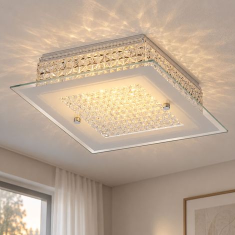 Plafoniera LED cristalli cristallo vetro opale plafoniera soggiorno, metallo cromato, LED 12W 1030Lm bianco caldo, LxLxH 30x30x8 cm (1/5)