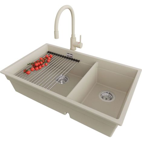 PRIMAGRAN Evier Cuisine en Granit 76x47cm, Lavabo 2 bacs + Kit de Vidage + Accessoire, Évier à Encastrer au meuble 80cm - Prague Slim Duo, Beige
