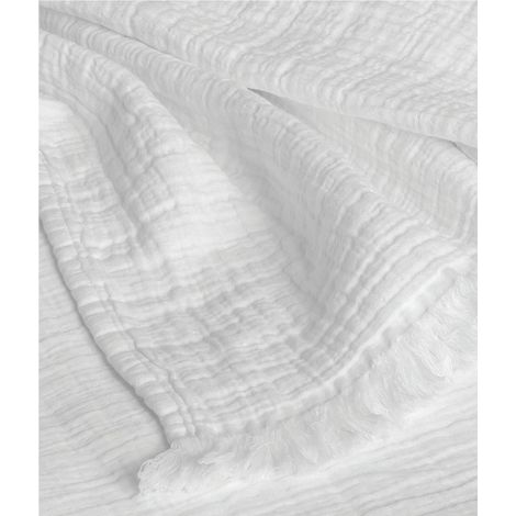 Couvre lit à franges "Brehat" Gaze de Coton stonewashed Toison d'or - Brehat Blanc - 180 x 250 cm - Brehat Blanc -