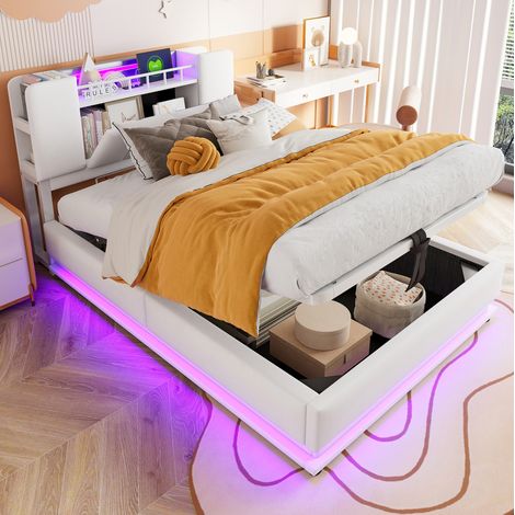 Cama infantil 90x200 cm beige MDF metal y tela, LED USB y almacenaje (1/5)
