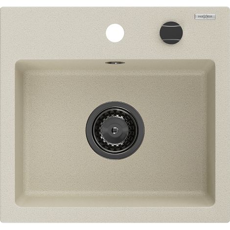 Mexen Milo 1-Becken-Granit-Spüle 435 x 410 mm, Beige, Siphon Schwarz - 6505441000-69-B (1/5)