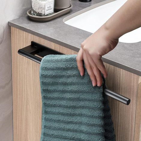 Porte-serviettes double en acier inoxydable 304, sans perçage, avec rangement intégré, pour salle de bain. Peinture noire. (1/4)