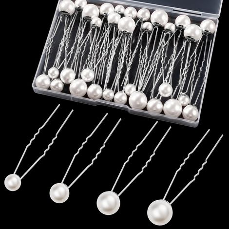 32pcs Pince chignon, Perles, Forme U, 4 tailles, Alliage, Mariage, Demoiselle d'honneur, Fille