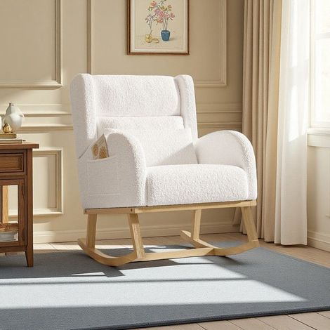 Poltrona a Dondolo - Relax Comfort - Schienale Ergonomico - Tessuto Teddy Bianco - Design Moderno