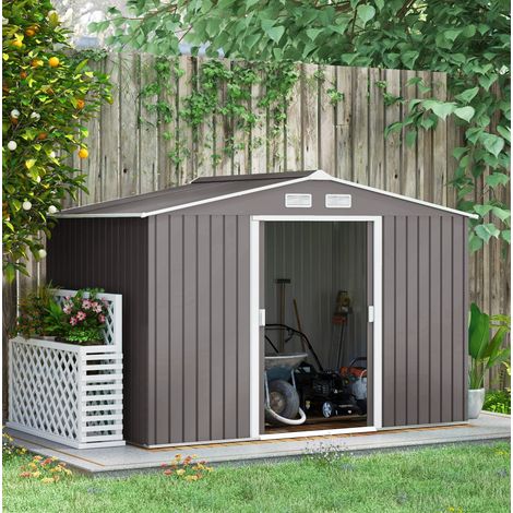 Caseta de jardín metálica con base 277 x 195 x 196 cm gris para herramientas OKWISH (1/5)