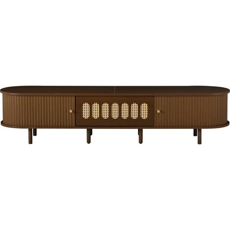Mobile TV 180 cm color noce con ante laterali avvolgibili e dettaglio in rattan, MDF (1/5)