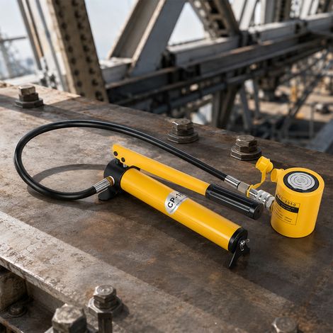 FIANAO – Vérin hydraulique 20 T simple effet avec pompe manuelle CP-180 – course 5 cm, acier allié – jaune (1/5)
