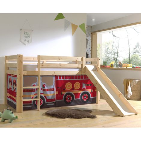 Cama de media altura 90x200 con tobogán, somier y funda Bombero Vipack Pino Madera (1/3)