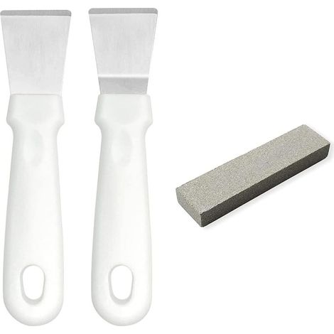 Lot de 2 grattoirs pour four, plaque de cuisson, plaque à induction, acier inoxydable avec manche en plastique, version droite + version courbée, blanc (version droite + version courbée)