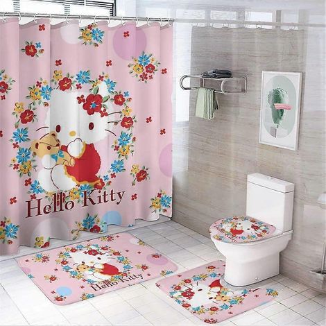 Ensemble de douche familial Hello Kitty 4 pièces avec tapis antidérapants, housse de toilette et tapis de bain, rideaux noirs imperméables + 12 crochets, 180 x 180 cm (1/5)