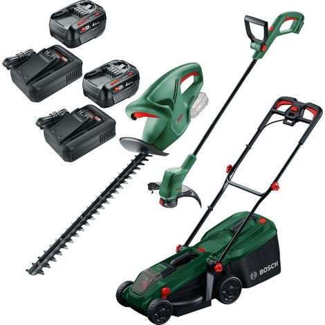 Bosch Rotak 18V-32 Cordless Lawnmower 32cm & Grass & Hedge Trimmer 2x 4.0Ah Batt (1/5)