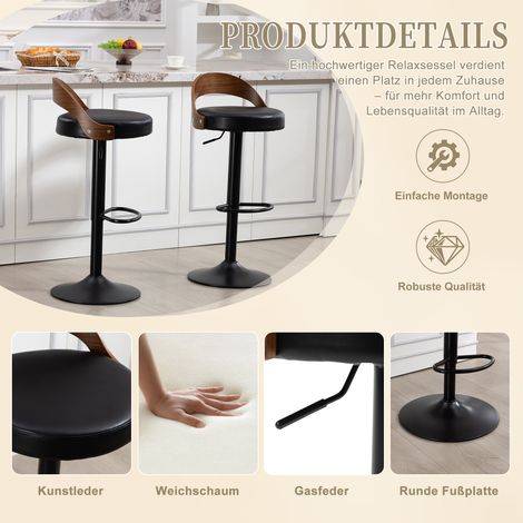 Lot de 2 tabourets de bar pivotants à 360°, dossier en noyer noir, assise rembourrée en cuir PU noir, réglables en hauteur. Idéal pour cuisine, restaurant, bar et espaces similaires. (1/5)
