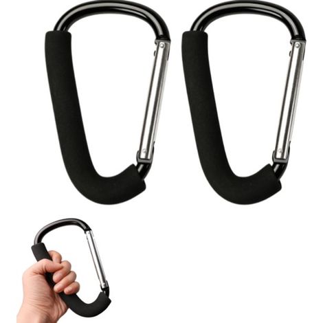 Crochets - Mousquetons - Robustes et durables - En alliage d'aluminium - Idéaux pour suspendre sacs à langer, sacs de courses et autres sacs - Boucles de sac - Noir - Lot de 2 (1/4)