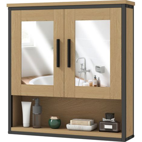 Armadietto a muro per bagno 56 x 13 x 60 cm specchio doppio ripiano regolabile industriale contemporaneo in melaminico rovere 210002752