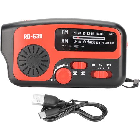 Radio de secours solaire à manivelle SOS 1200mAh, banque d'énergie multi-charges, lampe torche LED, récepteur AM/FM météo d'urgence. (1/5)