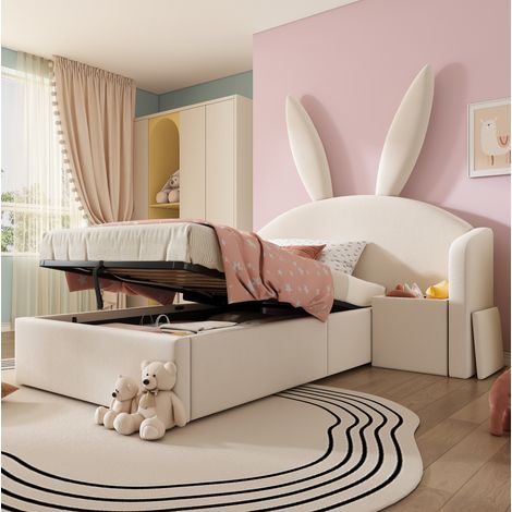 DESVIAE Lit enfant rembourré 90 x 200 cm avec coffre de rangement hydraulique table de chevet réversible design oreilles de lapin velours beige (1/5)