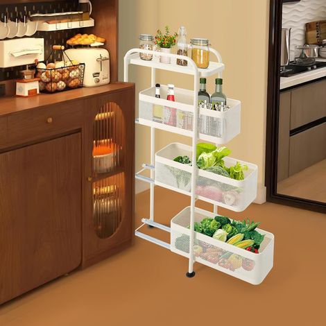 Schmaler 4-stöckiger Küchenwagen mit Rollen & ausziehbaren Körben – 15 cm schmales Rollregal für Küche, Bad, Wohnzimmer – Kohlenstoffstahl, belüftete Netzkörbe, milchweiß (40x15x89,5 cm)