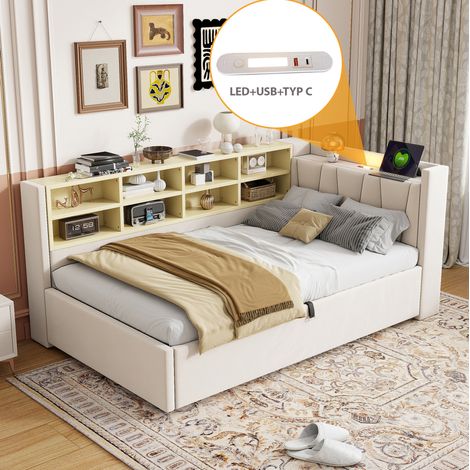 Polsterbett 90/200 cm beige aus Samt mit Stauraum, USB und Nachtlicht (1/5)