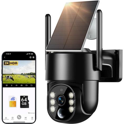Caméra de surveillance extérieure 4G LTE - Batterie solaire 2K 4 MP - Caméra extérieure PTZ à 360° - Avec batterie - Détecteur de mouvement PIR - Vision nocturne - Audio bidirectionnel et (1/5)